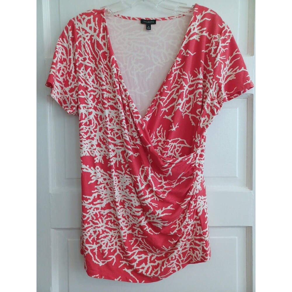 Talbots coral print faux wrapfront knit blouse M stretch comfy summer deep-V top